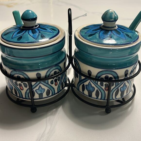 Relish jar condiment with stand and spoons handcrafted India - Picture 1 of 7